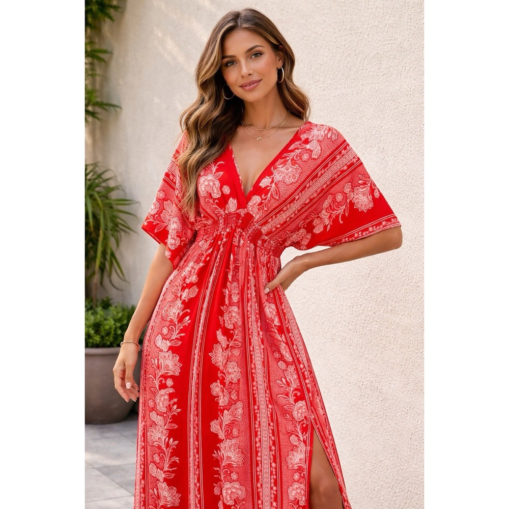 Miley + Molly Women's Sz Medium Low VNeck Double Slit Back Tie Floral Maxi Dress